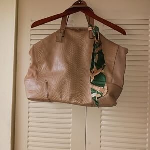 Coach Tan Tote with Green Scarf Accent